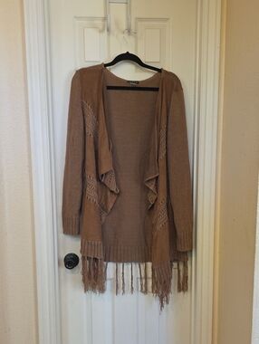 VENUS Tan Fringe Open-Front Crochet Cardigan